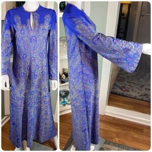 Vintage 70s Sheer Peacock Feather Wide Bell Sleeve Maxi Dress Caftan Medium M